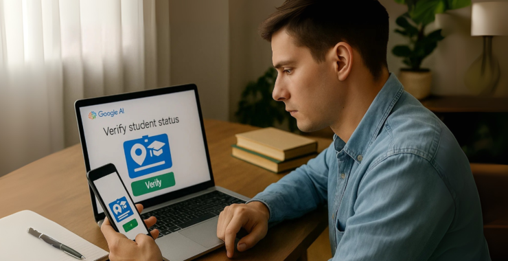 Student verifying Google AI Studio student status on laptop and smartphone.