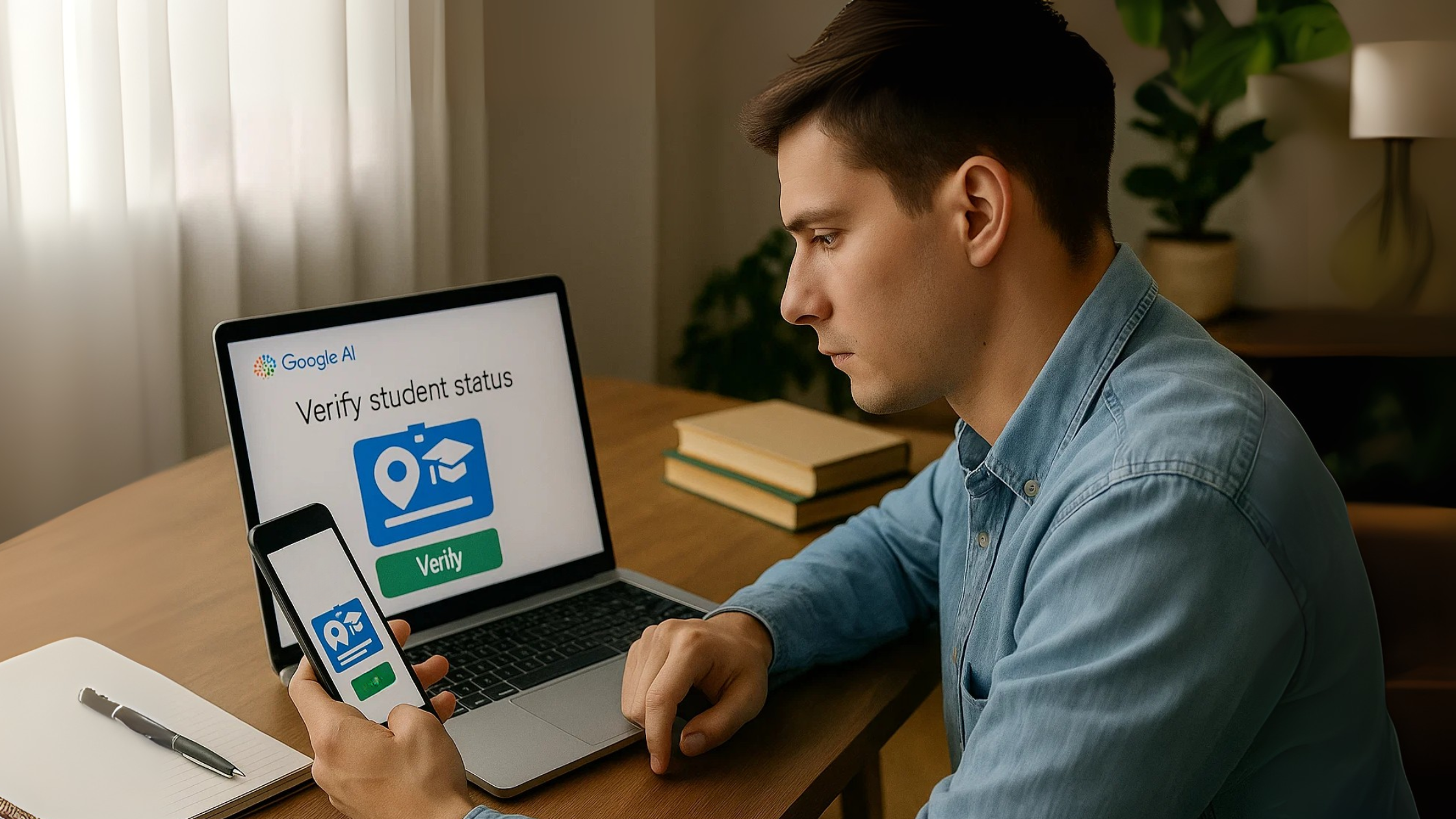 Student verifying Google AI Studio student status on laptop and smartphone.