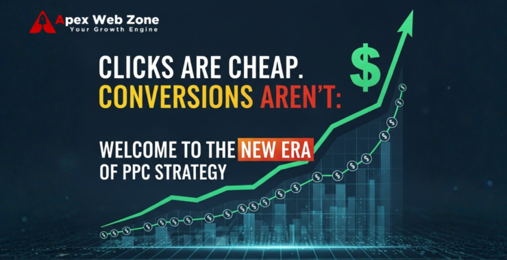 Modern PPC marketing graph showing rising conversions — “Clicks Are Cheap. Conversions Aren’t.” by Apex Web Zone, a leading Digital Marketing and PPC Management Agency.