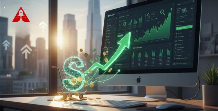 Shopify SEO growth analytics dashboard showing rising sales graph Shopify SEO in India by Apex Web Zone