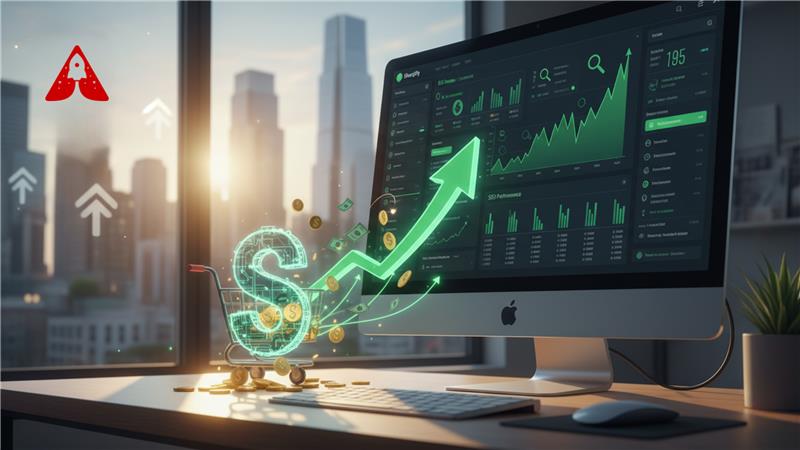 Shopify SEO growth analytics dashboard showing rising sales graph Shopify SEO in India by Apex Web Zone