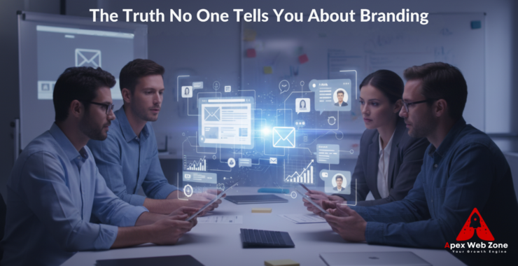 A bold visual showing the contrast between logo design and real branding elements such as storytelling, user experience, and business identity.