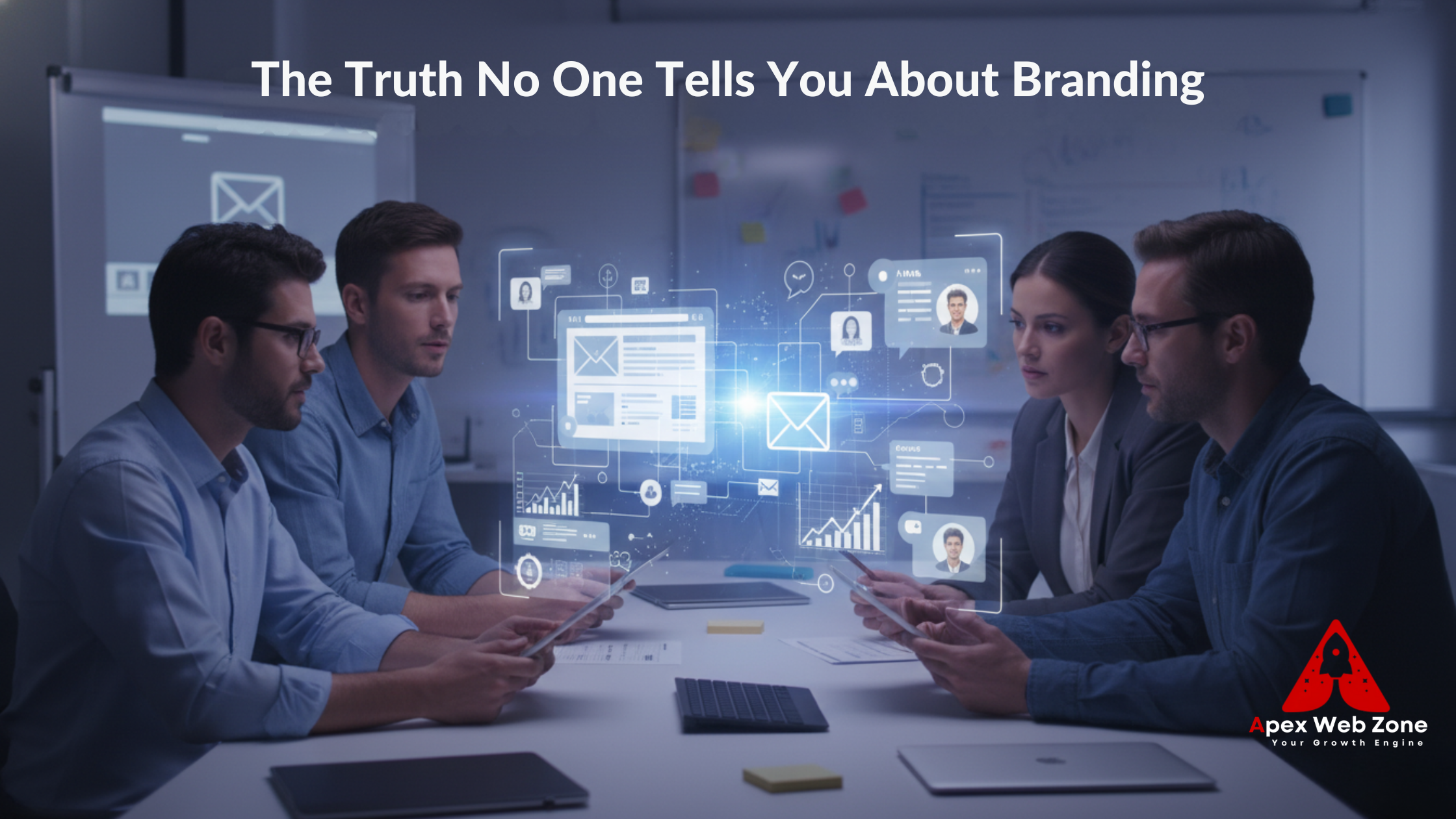 A bold visual showing the contrast between logo design and real branding elements such as storytelling, user experience, and business identity.