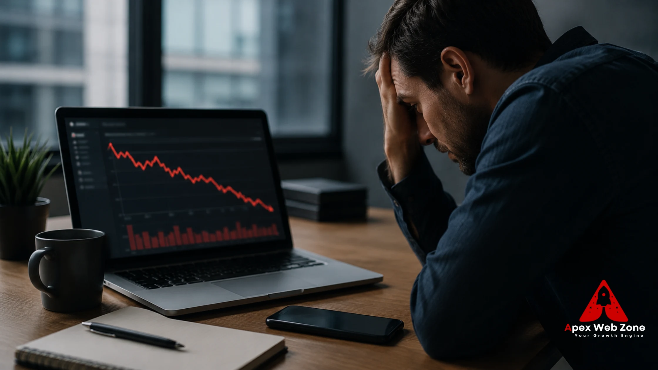 Man stressed at desk looking at declining traffic graph on laptop — organic traffic dropping despite good rankings